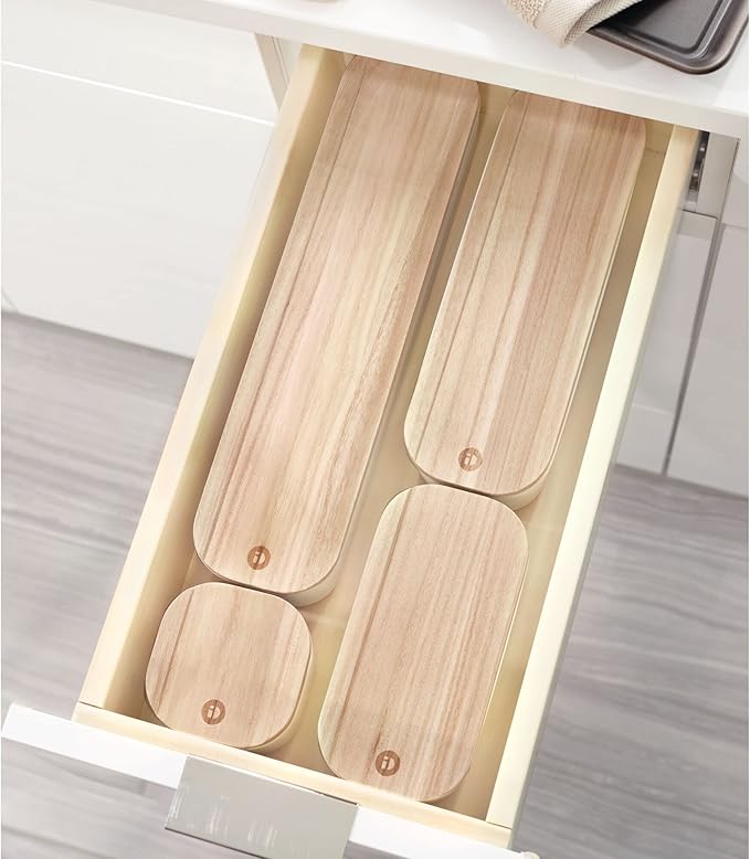 iDesign Recycled Plastic Storage Compact Drawer Organizer Bin with Paulownia Wood Lid, 3.6" x 14.4" x 2.4", Coconut