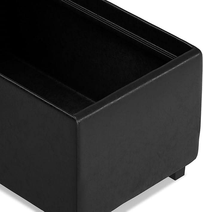 SIMPLIHOME Avalon Storage Ottoman - 42 inch Wide Upholstered Vegan Leather Rectangular Flip-Top Ottoman in Distressed Black, Contemporary Coffee Table Ottoman for Living Room with Hidden Storage