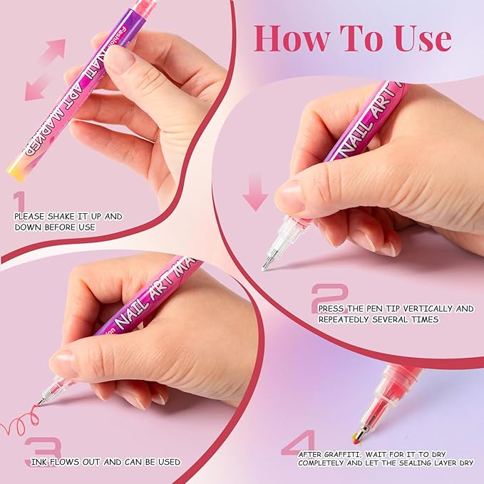 12 Colors Nail Art Marker Pens Set, 2026 Upgraded Fine Tip (0.5mm) Nail Markers, Quick-Dry Nail Polish Pens for DIY Nail Art, Dotting/Drawing/Liner, Nail Art Design Tools for Adult and Kids