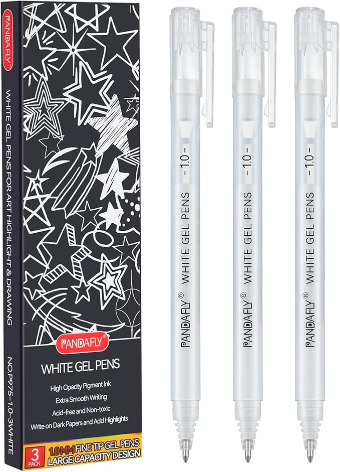 PANDAFLY White Gel Pens, 1mm Fine Point Opaque Archival Ink Pen for Journaling, Art, or Drawing - For Artist Gifts, Holiday Gifts & DIY Projects, 3 Pack