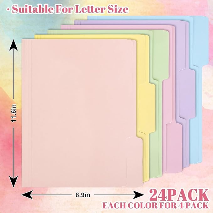 Whaline 24 Pack Pastel Colorful File Folders Letter Size 6 Macaron Colors File Pockets with 1/3 Cut Tab for Home Office Classroom Supplies, 8.9 x 11.6 Inch