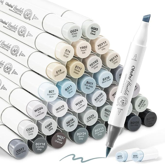 Ohuhu Grayscale Alcohol Markers Brush Tip- Double Tipped Alcohol Based Art Marker Set for Artist Adults Coloring Illustration Shading Layering- 36 Grey-tone Colors- Chisel& Brush- Honolulu- Refillable