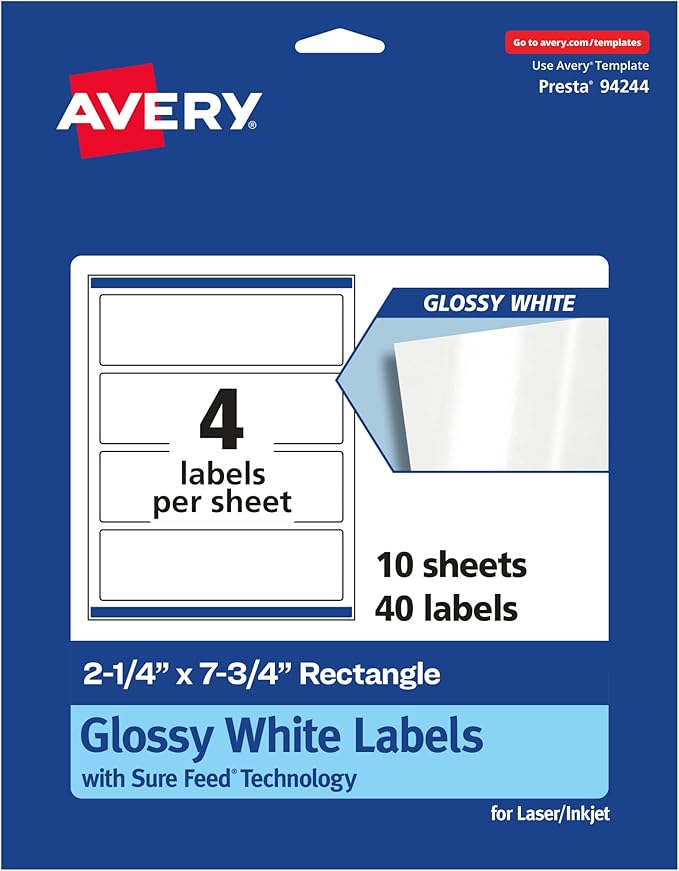 Avery Glossy White Rectangle Labels, Sure Feed Technology, 2.25" x 7.75", 40 Glossy White Labels, Print-to-The-Edge, Permanent Adhesive, Laser/Inkjet Printable