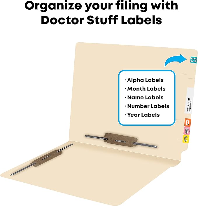 Manila File Folders, Doctor Stuff, Manila Letter Size Reinforced End Tab Folders with 2” Bonded Fastener on Inside Front and Back in Positions 3 & 5, 11 pt Manila Stock, Carton of 250