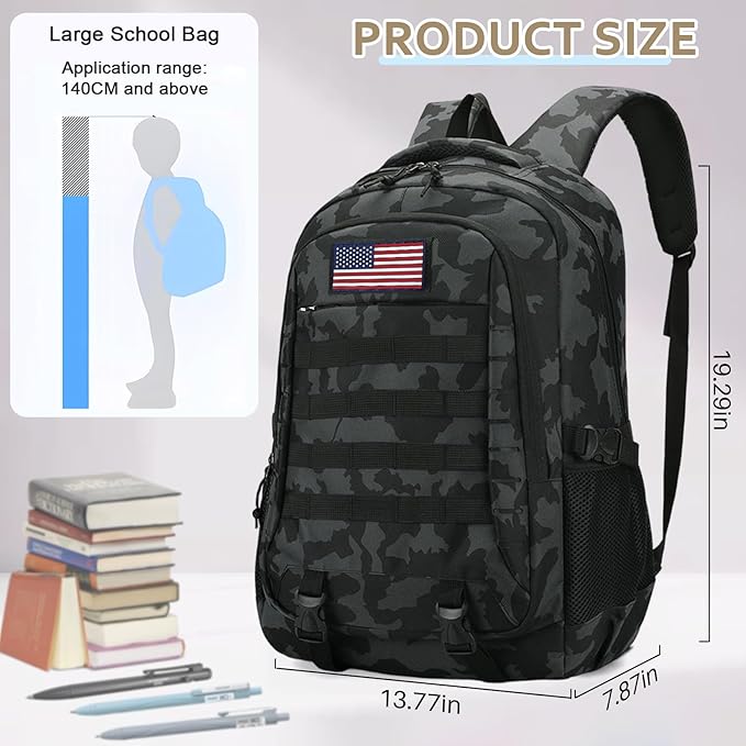 35L 19'' Camo Backpack for Boys - Waterproof Tactical Bookbag for 15.6" Laptop Sleeve & MOLLE System for School Camping Travel