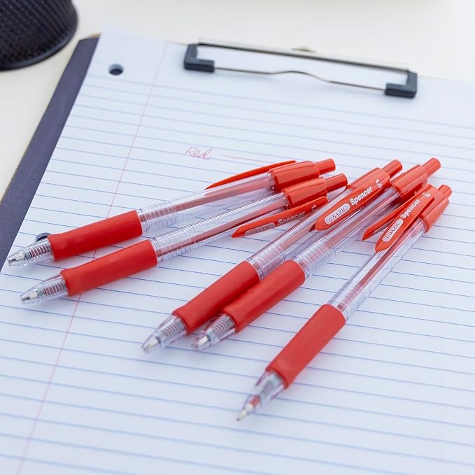 BAZIC Ballpoint Pen Spencer Red Retractable Pen Soft Barrel Grip Pens, 1.0 mm Bold Point Smooth Writing, for Office School Teacher (5/Pack), 1-Pack