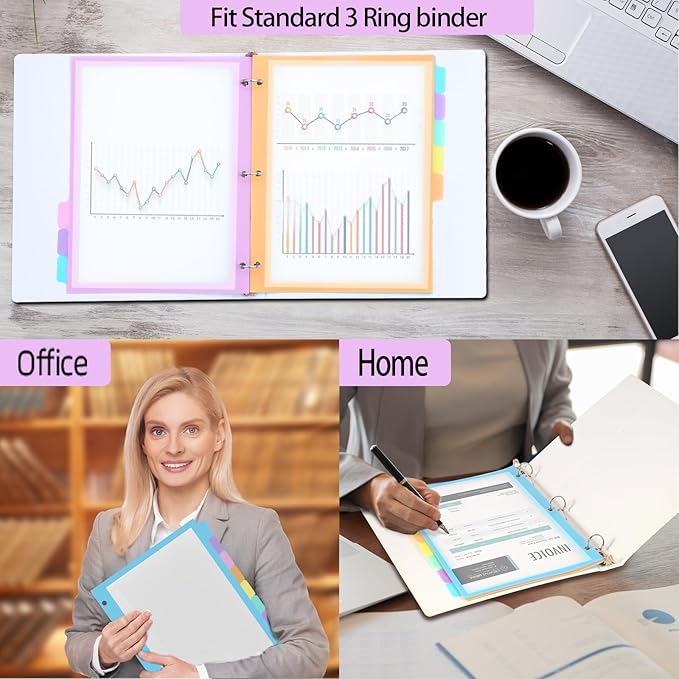 48Pcs/6 Set 8 Tab Dividers, Clear Plastic Binder Dividers with Tabs, for 3 Ring Binder, Letter Size, Multicolor