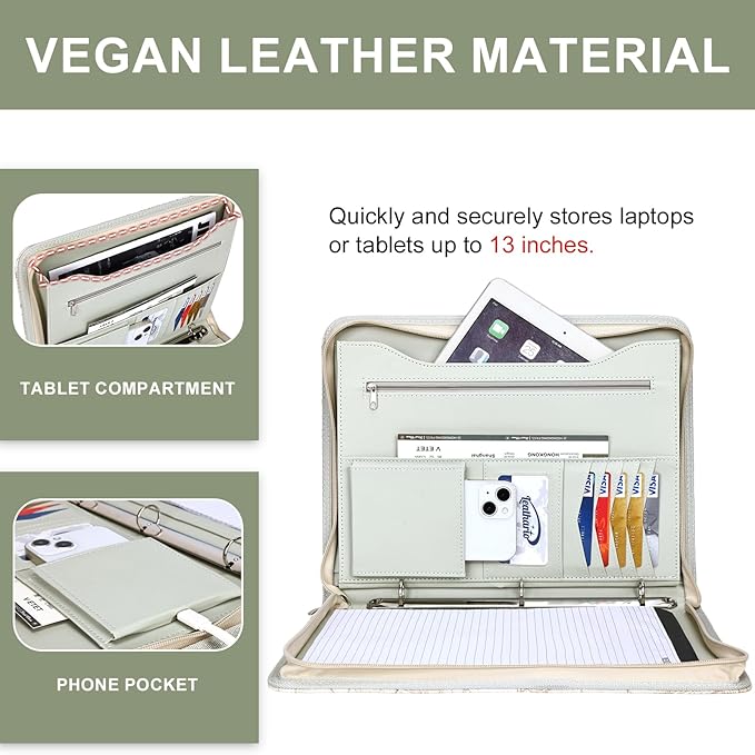 Leathario Portfolio Binder, Includes 5 Folder Index Dividers and 3 Notepads, 3-Ring Folder Organizer, Padfolio with Zipper, Vegan Leather Tablet Sleeve, Business Office Conference Clipboards