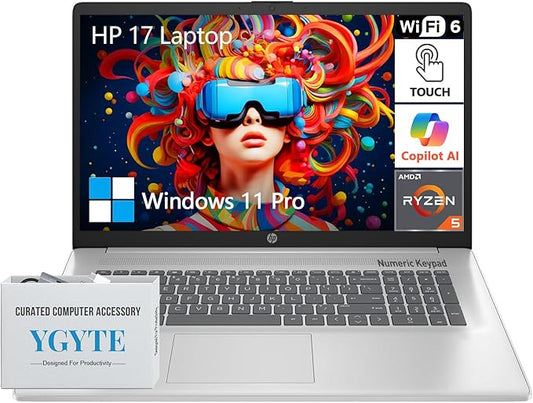 HP 17.3" Touchscreen Laptop PC Computer, 17 Inch HD+ Touch Screen Business Laptop Notebook, Windows 11 Pro, AMD Ryzen 5 (6-Cores), 16GB RAM 512GB SSD, 10-Key Number Pad, Copilot Key