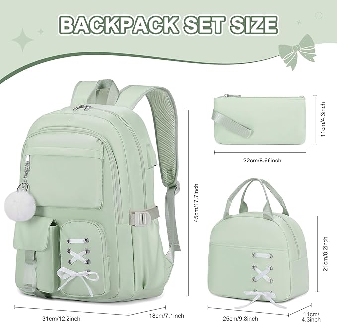 Backpacks for Girls, Girls Backpack with Lunch Box & Pencil Pouch for Teens Girl Kids Elementary Middle High School College Student Bookbag Daypack Laptop Travel Backpack for Women (Green)