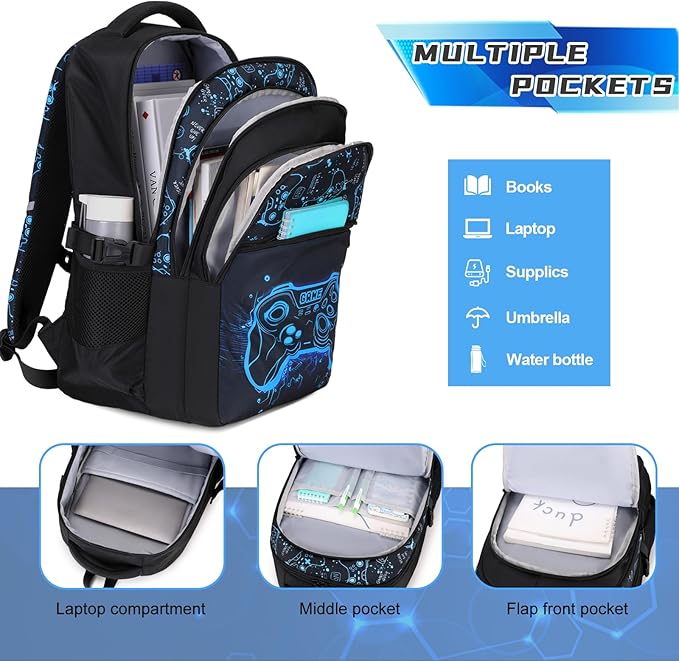 Boys Backpack for School, 3PCS Cool Luminous Gamer Backpack for Boys with Lunch Box Pencil Case, Kids Backpacks Bookbag for Teen Boy Elementary Middle High School with USB Charging Port