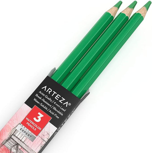 Arteza Professional Watercolor Pencils, Pack of 3, A606 Mint Green, Water-Soluble Pencils for Coloring, Blending, Layering & Watercolor Techniques