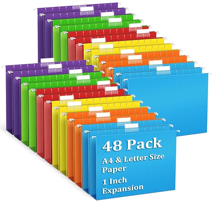 V-Opitos 48 Pack 1 Inch Expansion Hanging File Folders, Letter Size Hanging Folders with 1/5-Cut Adjustable Tab, Extra Capacity Hanging File Folders, Ideal School Classroom, Office Supplies