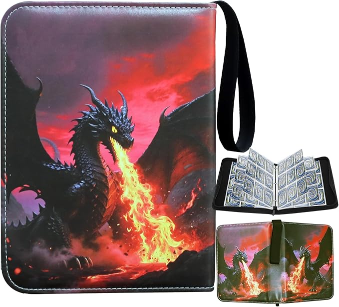 Trading Card Binder – Deluxe Fire Dragon 9-Pocket Side-Loading Zipper Album with 50 Sleeves and 900 Pockets – Fits Sleeved Cards – Ideal for TCG，MTG, Sports Collector