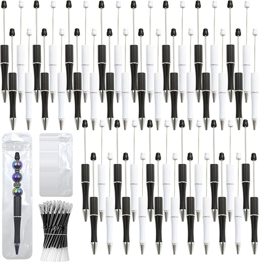 300 Pieces DIY Beadable Pen Kit – 100 Plastic Ballpoint Pens with Refills & Bags – School Supplies, Office Accessories & Decorative Items for Students & Teachers (Black and White)