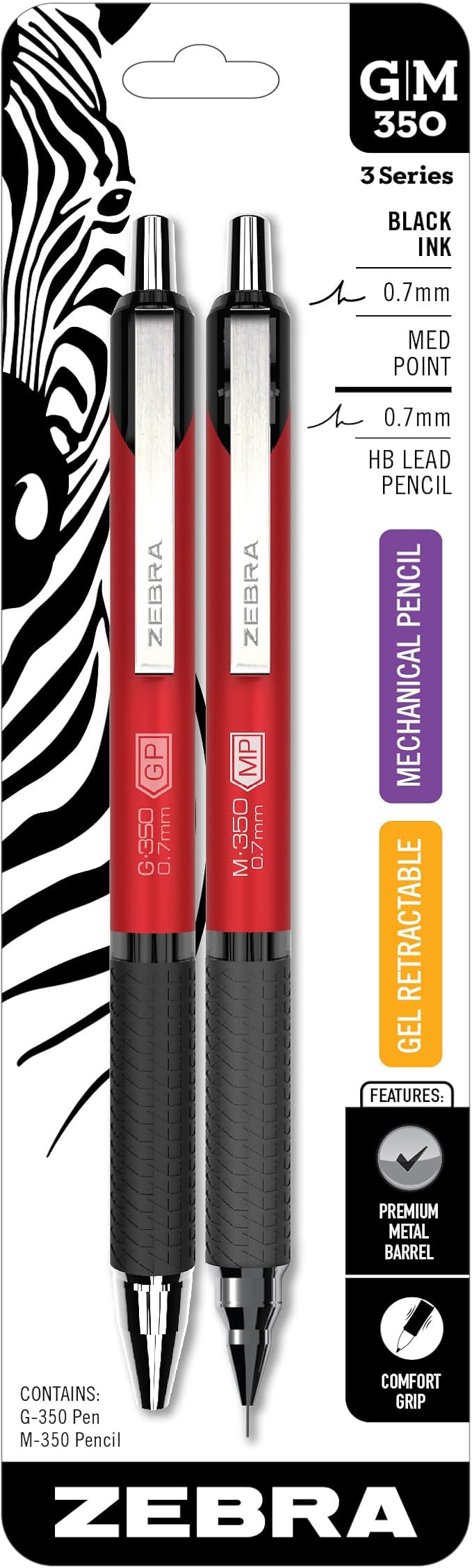 Zebra Pen G-350 + M-350 Writing Set 2-Pack, Black Ink & Pencil Lead, 0.7mm Medium Point, Red Premium Metal Barrel, Gel Pen and Mechanical Pencil Combo, Sleek Matching Design (11132)