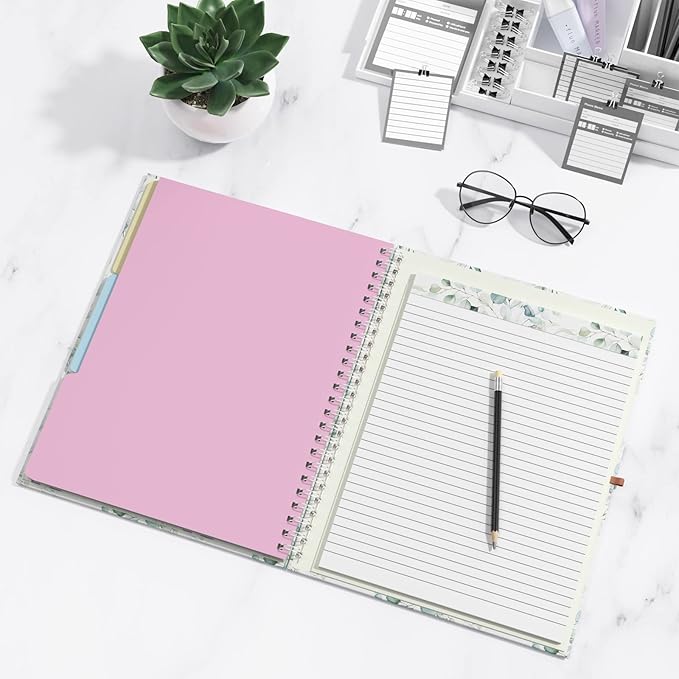 Rimilak Spiral Clipboard Folio with Refillable Lined Notepad, 14.5 x 9.8 In, Hardcover Cover with 5 Interior Pockets, Elastic Band and Pen Loop Series. Cute Stylish Clipfolio, Green Leaves