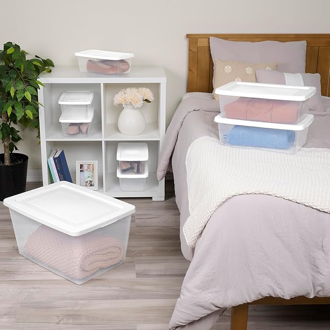 Sterilite 60 Pack Storage Box, 12 Quart Stackable Tote, Clear Plastic Container with Secure Snapping Lids for Home and Office Organization, White