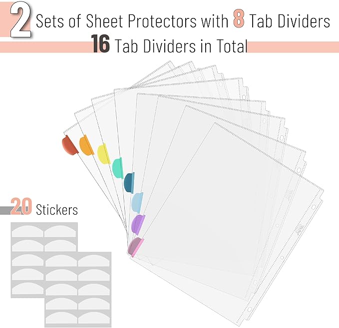 Mr. Pen- Clear Sheet Protectors with Tabs, 8 Tabs, 2 Sets, Clear Plastic Dividers for 3 Ring Binder, Insertable Index Page Divider Multicolor Tabs