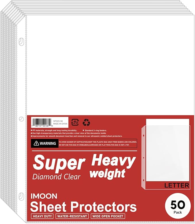 Super Heavyweight 3-Hole Letter Size Sheet Protectors - High Transparency Plastic Heavy Duty Sleeves for 3 Ring Binders, Archival Safe, Durable Page Protectors for Documents, 8.5x11 Inch (50 Pack)