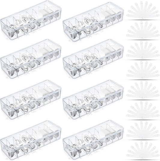 Tatuo 8 Pcs Cable Organizer Box with Wire Ties, Plastic Cord Storage Box with Lid, Electronics Organizer for Home Office Desk Organizers and Accessories (Clear)