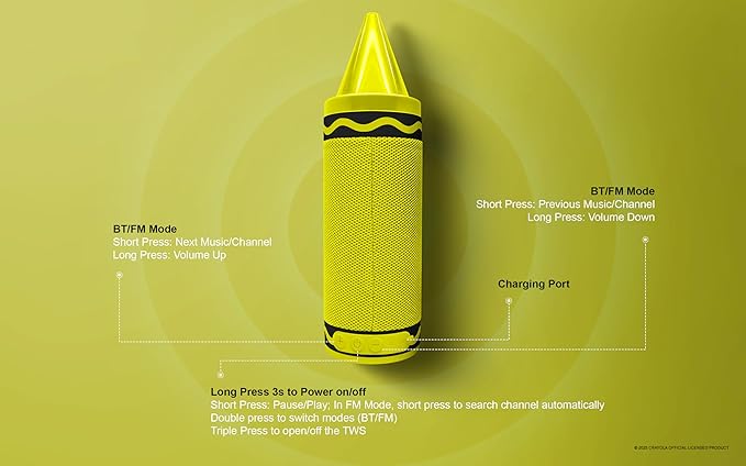 Crayola Kids Crayon Speakers Bluetooth Wireless, Portable Bluetooth Speakers 20W Peak Power HD Sound, Mini Bluetooth Speaker with TWS Pairing BT 5.3, FM Radio Home/Party/Outdoor/Travel