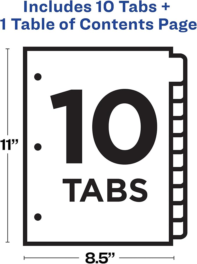 Avery Plastic 10 Tab Binder Dividers, Customizable Table of Contents, Multicolor Tabs, 1 Set (11818)