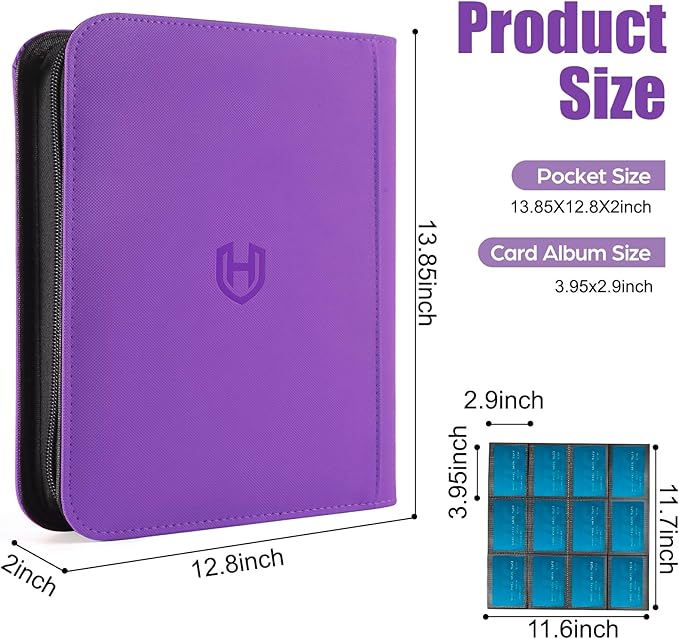 Card Binder 12 Pocket with Zipper, 816 Pockets Trading Card Holder Book, Premium PU Cover Zip Folder Binder, Side Loading Carrying Case Binder Album for TCG, MTG, Sports Cards, Game Cards