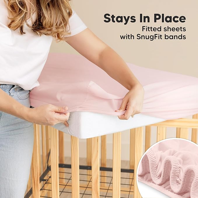 2-Pack Waterproof Crib Sheets for Boys, Girls - 52x28 Fitted Organic Cotton Baby Crib Sheets, Toddler Mattress Protector Cover, Washable, Soft & Durable Baby Bedding Essentials (Mist Rose)