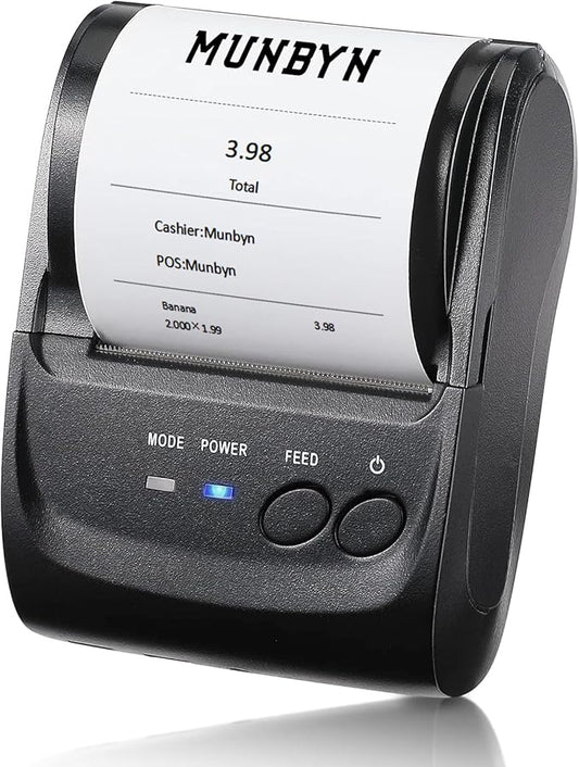 MUNBYN POS Receipt Printer, 58mm Receipt Printer, 2.28inch Wireless Portable Mobile Mini Bluetooth Thermal Printer, Compatible with Android Windows for Small Business, Not-Square, NOT-iOS