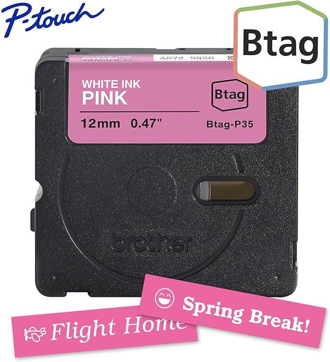 Brother Genuine P-Touch Btag BTAGP35 Black Print on Pink Label Tape ~1/2in by 13.1ft (12mm x 4m). (Works Only with Brother PT-N10, PT-N20, PT-N25BT Label Makers)