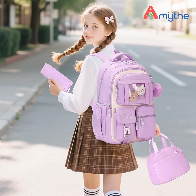 Girls Backpack with Lunch Box 3Pcs, Kawaii School Bag Set for Kid Elementary Middle School, Multi-Pocket Cute Laptop Bookbag Lightweight, Purple