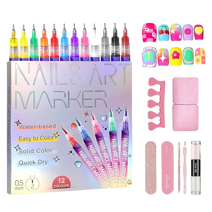 Nail Art Pens 12 Colors Set of 19pcs,3D Quick-Dry Nail Art Markers Polish Pen,Diy Nail Art Tools for Dotting Drawing Painting Point Liner,Home & Salon Manicure Tools