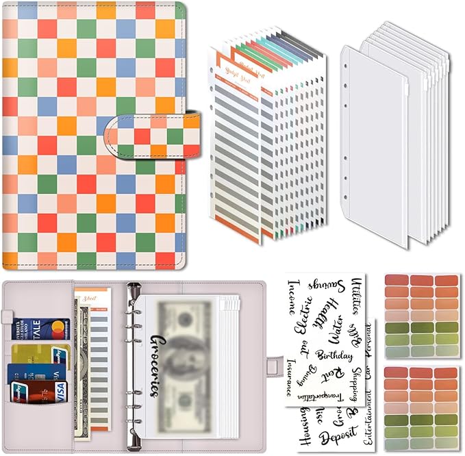 Budget Binder, Cute A6 Money Saving Binder with Zipper Envelopes, PU Leather Money Organizer for Cash, Expense Budget Sheets and Cash Envelopes for Budgeting Cute Colorful Plaid