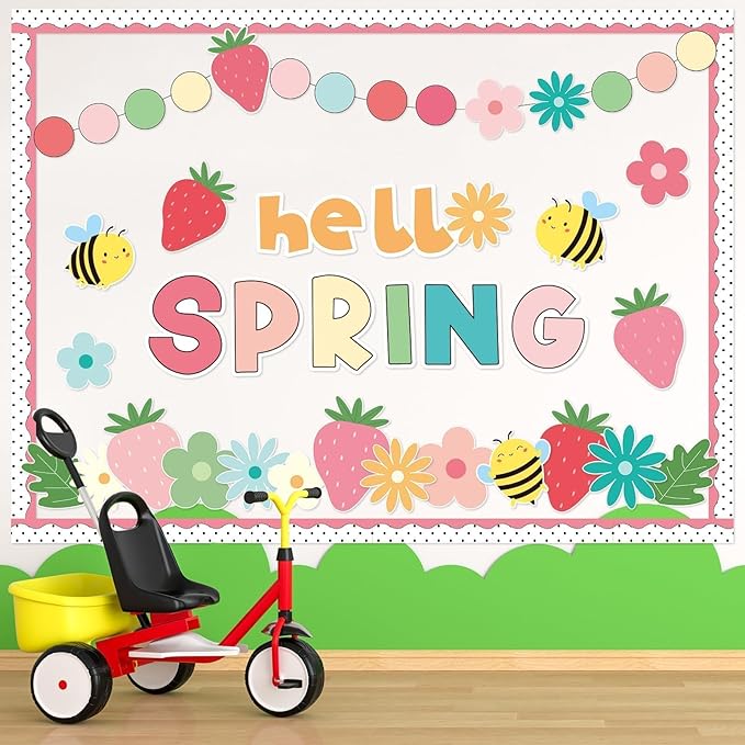 Hello Spring Bulletin Board Decorations Set Strawberry Cutouts Flowers Bulletin Board Decorations Floral Theme Blackboard Borders Flowers Cutouts for School Classroom Wall Decor