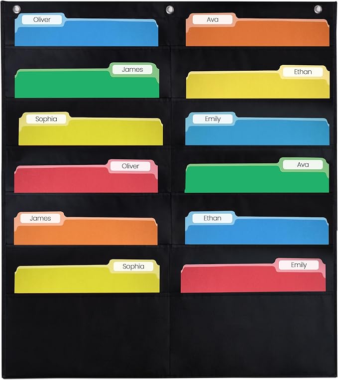 Essex Wares - 12 Pocket File Pocket Chart, Black, 14" Wide x 55" Tall - Versatile Wall Hanging File Folder Organizer for Classroom, Office, Home, and More - Wall Folder Organizer - 12 Pockets