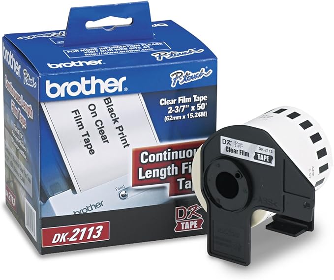 Brother Genuine DK-2113 Continuous Length Black on Clear Film Tape for Brother QL Label Printers, 2.4" x 50' (62mm x 15.2M), 1 Roll per Box, DK2113