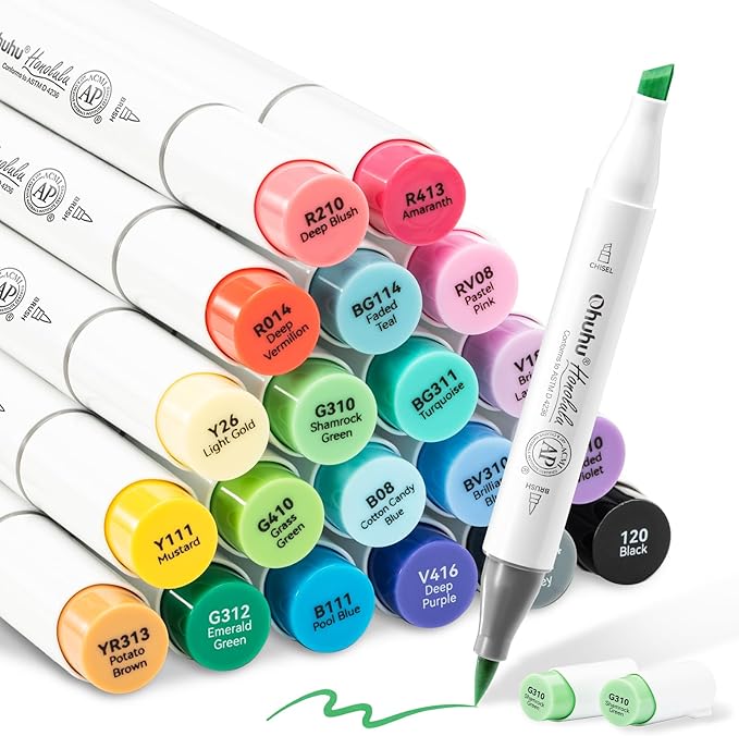 Ohuhu Alcohol Markers Brush Tip, AP Certificated 24 Basic Colors Double Tipped Alcohol Based Art Marker Set for Artist Sketching Adult Coloring Illustration - Brush and Chisel Dual Tips - Honolulu