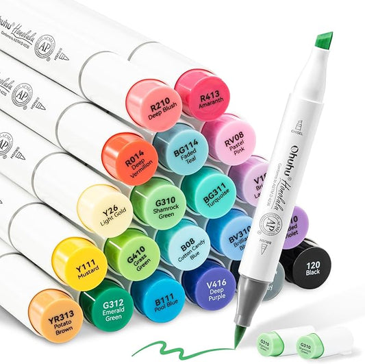 Ohuhu Alcohol Markers Brush Tip, AP Certificated 24 Basic Colors Double Tipped Alcohol Based Art Marker Set for Artist Sketching Adult Coloring Illustration - Brush and Chisel Dual Tips - Honolulu