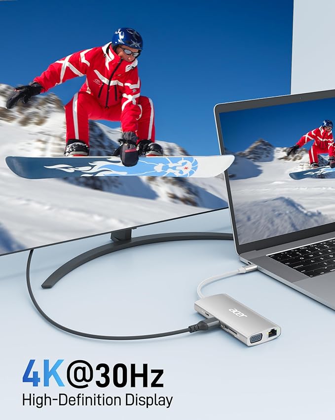 Acer USB C Hub with 4K HDMI, 9-in-1 USB C to Ethernet Adapter, 5Gbps USBA 3.0 Docking Station, VGA Splitter, SD Card Reader, PD 100W Charging for MacBook, Acer, Laptops, Surface and More (Silver)