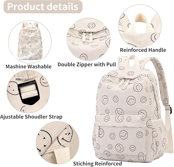 Backpack for Girls Boy Teen Corduroy Bookbags Elementary Middle High School Women Laptop Bag with Lunch Box Pencil Bag (Smile Beige)