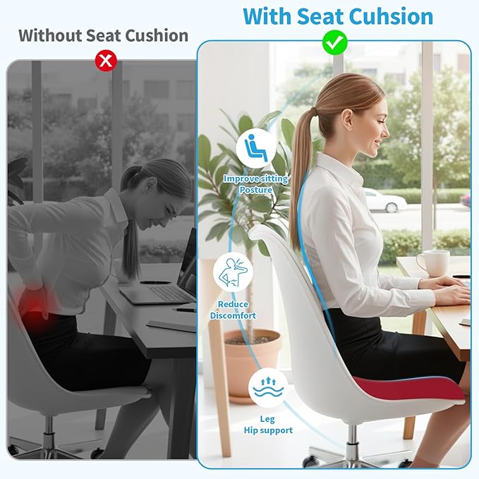 Large Seat Cushion, Memory Foam Cushion for Long Sitting Hours on Office Chair, Home & Car, Non-Slip Chair Pad for Relieving Back & Sciatica & Hip & Coccyx Pain (Red)