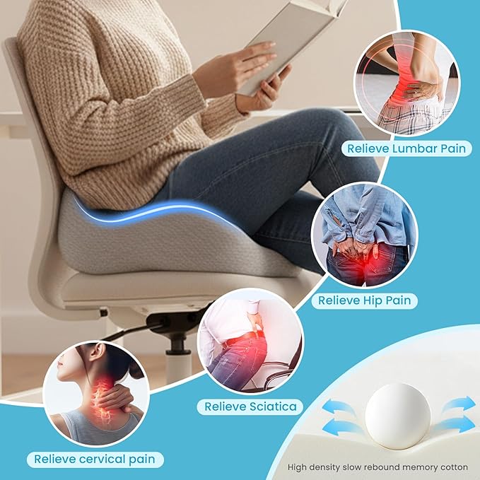 Memory Foam Seat Cushion，Ergonomic Office Chair Cushion，Coccyx Cushion for Tailbone Pain Relief Butt Pillow for Long Sitting，Suitable for Gaming Chair Car Seat Wheelchair