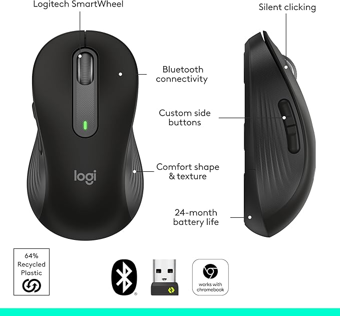Logitech Signature M650 Wireless Mouse - for Small to Medium Sized Hands, 2-Year Battery, Silent Clicks, Customizable Side Buttons, Bluetooth, Multi-Device Compatibility - Black (Renewed)