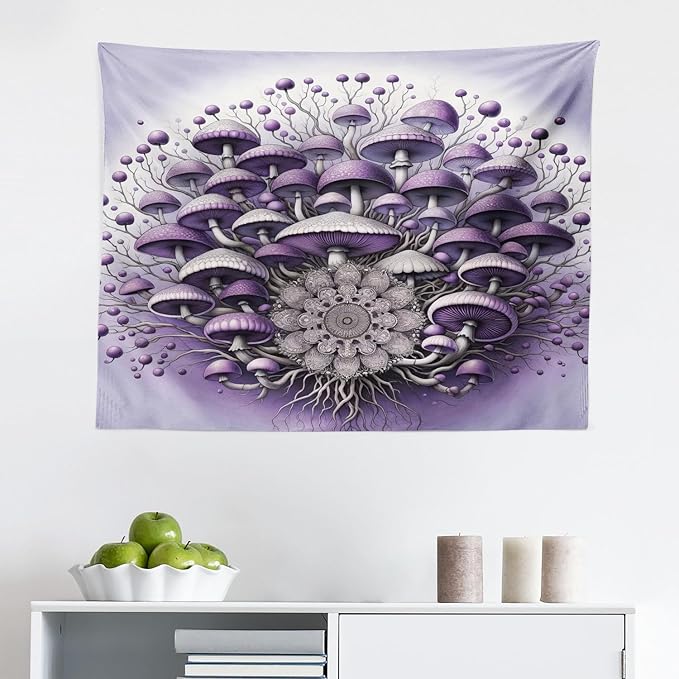 Ambesonne Purple Tapestry, Abstract Psychedelic Mushrooms Branching with a Universe Mandala Pastel Backdrop, Fabric Wall Hanging Decor for Bedroom Living Room Dorm, 28" X 23", Lilac Violet