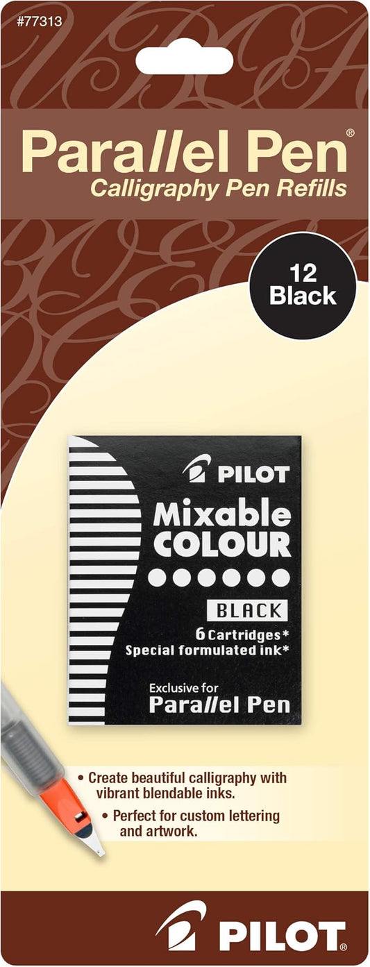 PILOT Parallel Mixable Color Ink Refills for Calligraphy Pens, Black Ink, 12-Pack (77313)