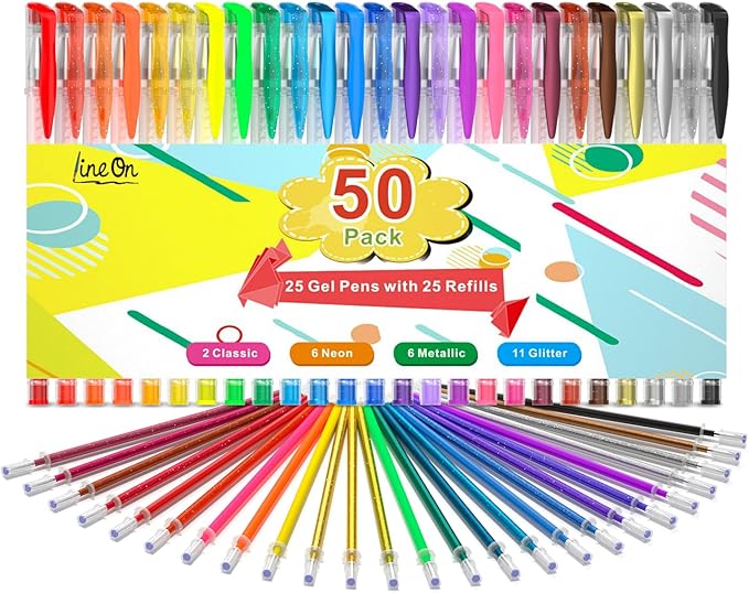 Gel Pens, 50 Pack Gel Pen Set 25 Colored Gel Pen with 25 Refills for Adults Coloring Books Drawing Doodling Crafts Scrapbooking Bullet Journaling