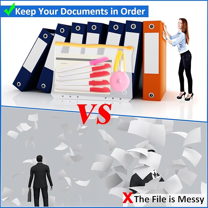 40 Pieces Binder Pockets 6 Hole Zipper Pouch 6 Ring A5 Pockets with Zipper Binder Folders Plastic Pouches Loose Leaf Bags Waterproof PVC Document Filing Bag