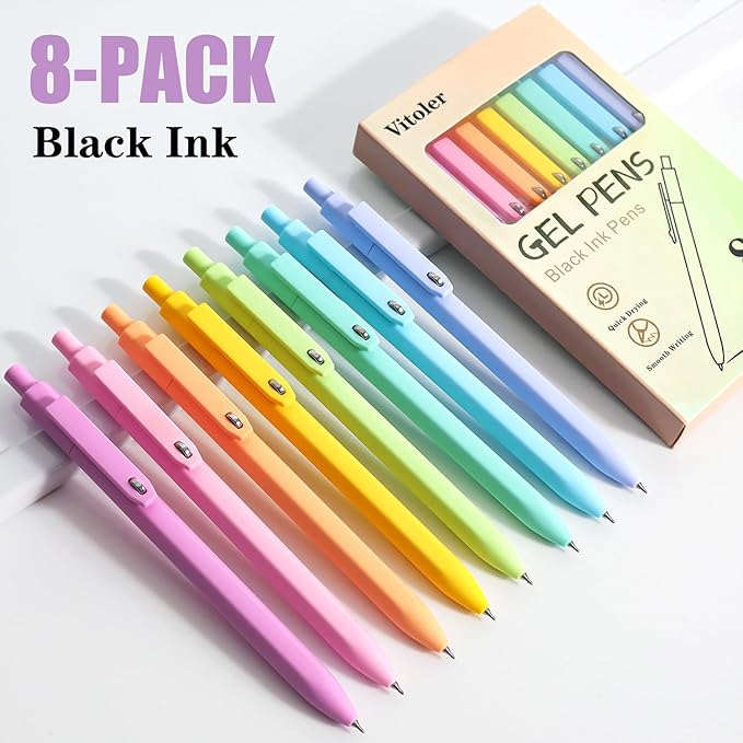 Gel Pens, 8pcs Black Ink Pens 0.5mm Smooth Writing Pens,Cute Color Pens for Journaling Desk Accessories Office School Supplies Gifts for Women Nurses
