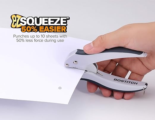 Pack of 5, Bostitch Office EZ Squeeze One-Hole Punch, 10 Sheet Capacity, Lightweight, Gray/Blue (2402)